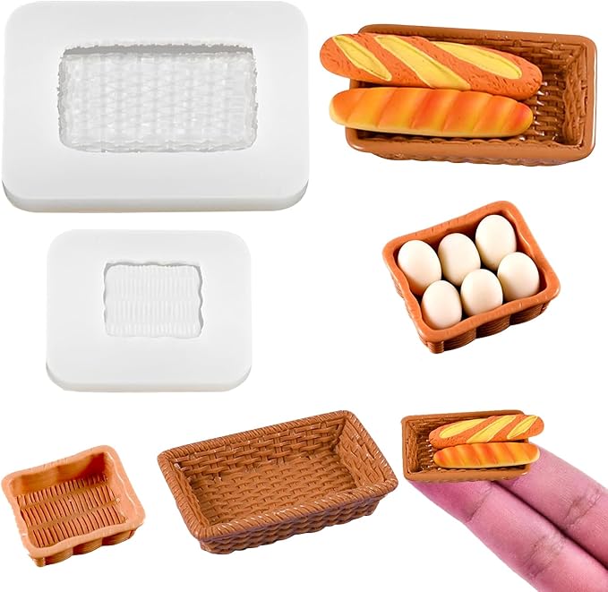 2Pcs Mini Rattan Tray Resin Silicone Molds 3D Simulation Basket Epoxy Casting Molds for DIY Micro Resin Dollhouse Fairy Garden Kitchen Miniatures Landscape Tiny Things Decor