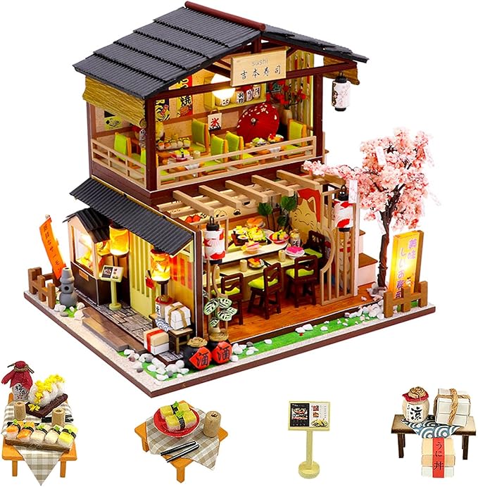 OurMiao Miniature House Kit – Gibbon Sushi, DIY Wooden Dollhouse for Adults with LED & Furniture, Tiny House Craft Gift for Teens Families Friends