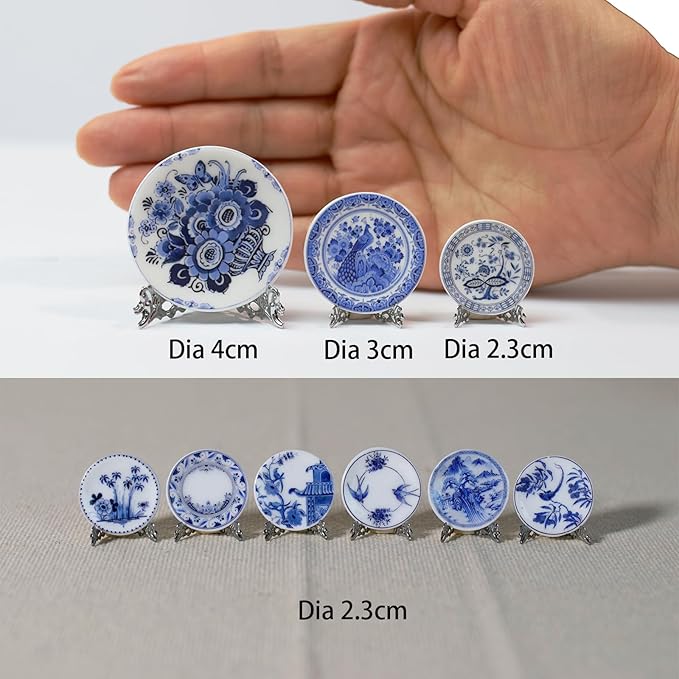 6PCS Handcrafted Miniature Ceramic Plates in 1:12 or 1:6 Scale, Vintage Porcelain Playhouse Dishes (Blue-White C, 2.3CM)