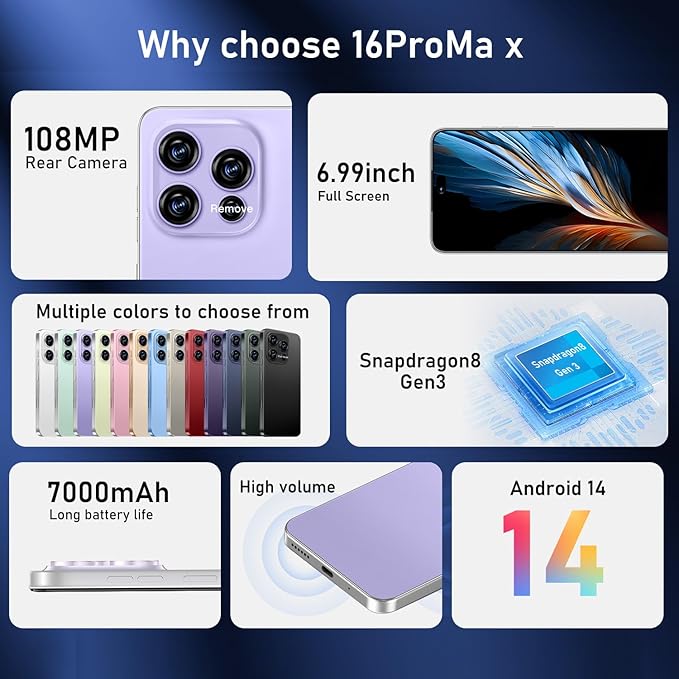 OEJBK 16PROMA X Smartphone New Upgrade 16GB+512GB/6.99" Display 68+108MP Zoom Camera,Tempered Glass Finish, 7000mAh Android 14 Smartphone (Purple)