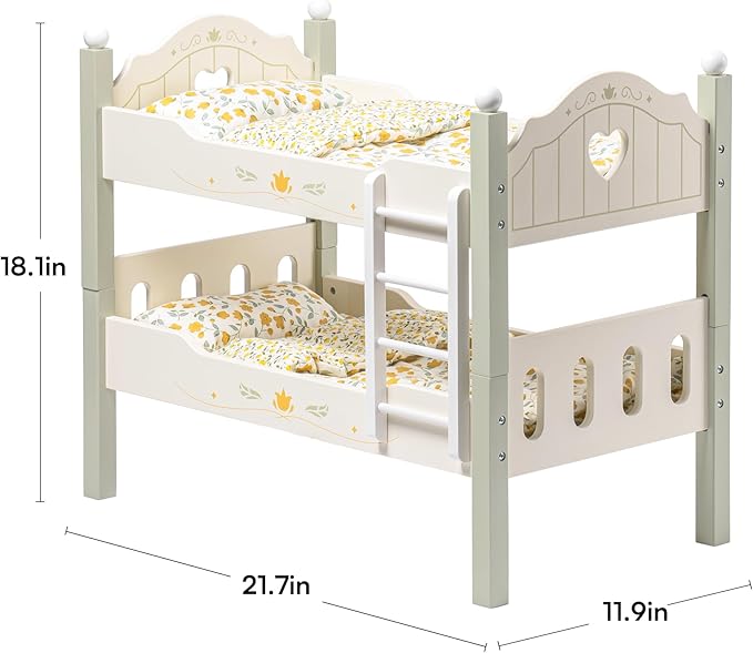ROBOTIME Baby Doll Bunk Bed, Wooden Doll Crib for 18 Inch Dolls, American Girl Doll Furniture Toy with Bedding (Green, 2 Pcs Beds)