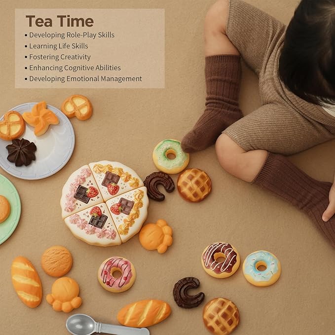 GILOBABY Toy Food for Toddlers, Pretend Play Toys for Toddlers with Dessert Cakes and Kitchen Accessories, Learning & Educational Tea Party Set for Girls 3 Year and Up, 34 Pcs