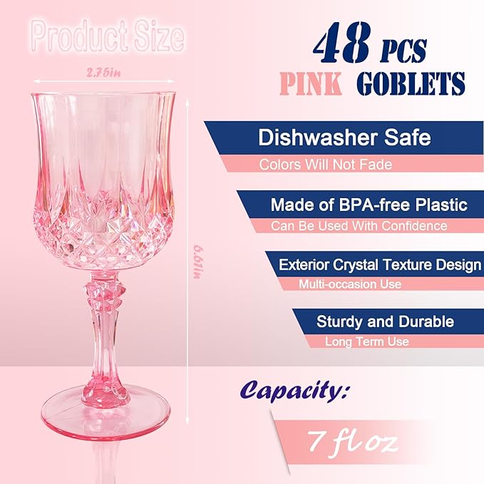 Veiuwa 48 PCS Pink Plastic Wine Glasses,Reusable Plastic Wine Glasses,Pink Goblet Glass,Durable and Sturdy Cups Can Be Used for Various Parties Such as Weddings!