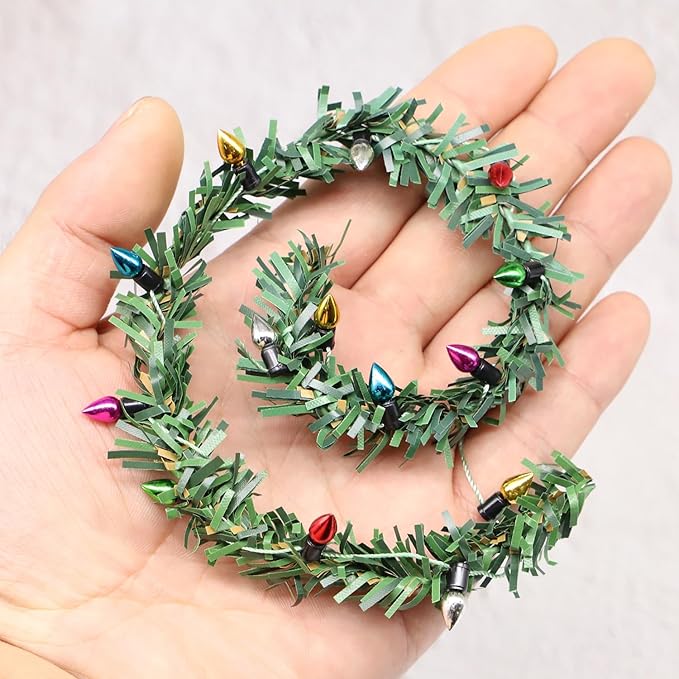 Miniature Christmas Garland, Christmas Lights, Miniature Christmas Tree Lights, Artificial Pine Wired Roping with Metallic Bulbs for Dollhouse, Fairy Garden, 11.8 inches Long (2PCS)