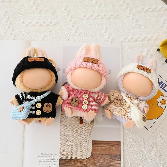 Clothes for LABUBU Doll (NO Doll), Handcrafted Crochet 3-Piece Accessories for LABUBU 17cm Dolls, Premium Outfit - Bunny Sweater + Hat + Bag, Cute Clothes for Dress up Unique Style (Pink)