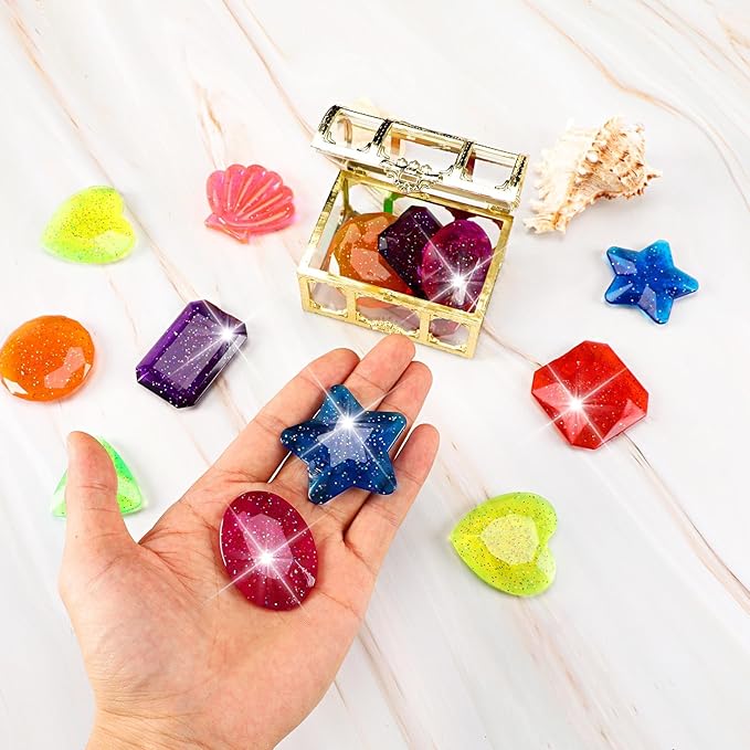 MARFOREVER 18 Pcs Big Diving Gem Pool Toys - 16 Colorful Sinking Diving Gems Underwater Crystals Swim Pool Toys with 2 Treasure Chest Pirate Boxes Acrylic Gemstones Set for Summer Party Favors