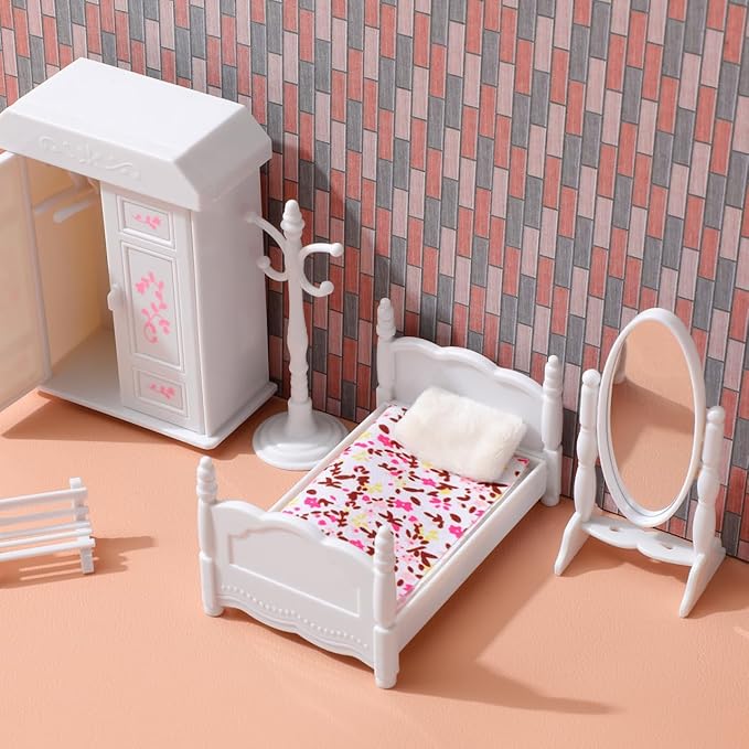 3.93 Inch Mini Bedroom Bed Cabinet Model - Miniature Dollhouse Furniture Set for Kids Assorted Color Perfect for Dollhouse Decor and Imaginative Play