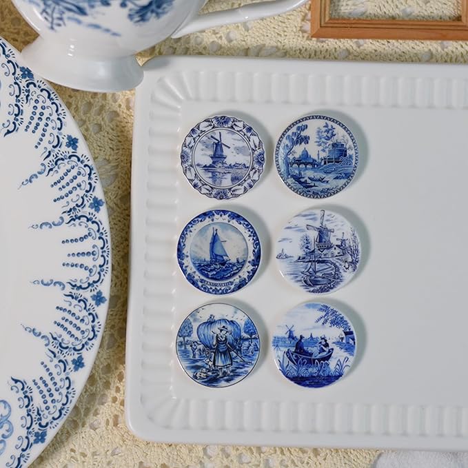 6PCS Handcrafted Miniature Ceramic Plates in 1:12 or 1:6 Scale, Vintage Porcelain Playhouse Dishes (Blue-White B, 3CM)