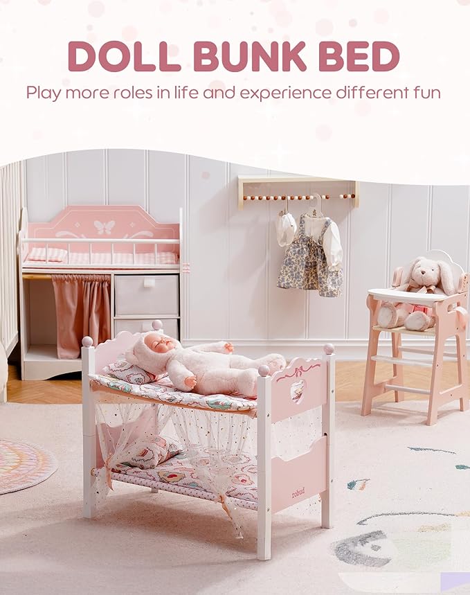 ROBUD Baby Doll Crib, Wooden Baby Doll Beds for 20 Inch Dolls, Baby Doll Bunk Beds with Gauze Curtain, American Girl Doll Bed for Gifts, WRP35