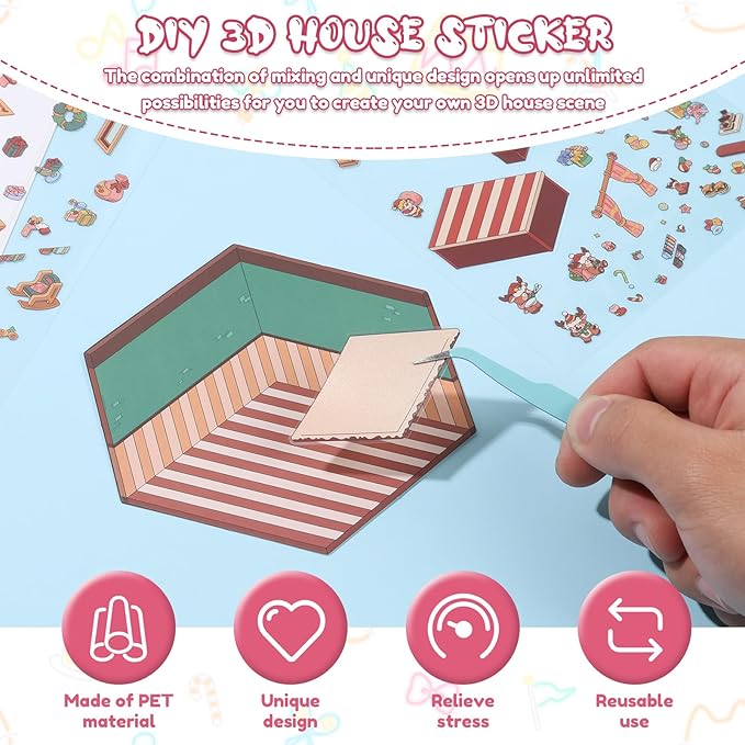DIY 3D House Sticker Set for Adults & Kids - Creative Miniature Room Scenes with Cartoon Decals, Cute Home Decor Stickers to Build Your Own 3D Model Scenes (Set 5)