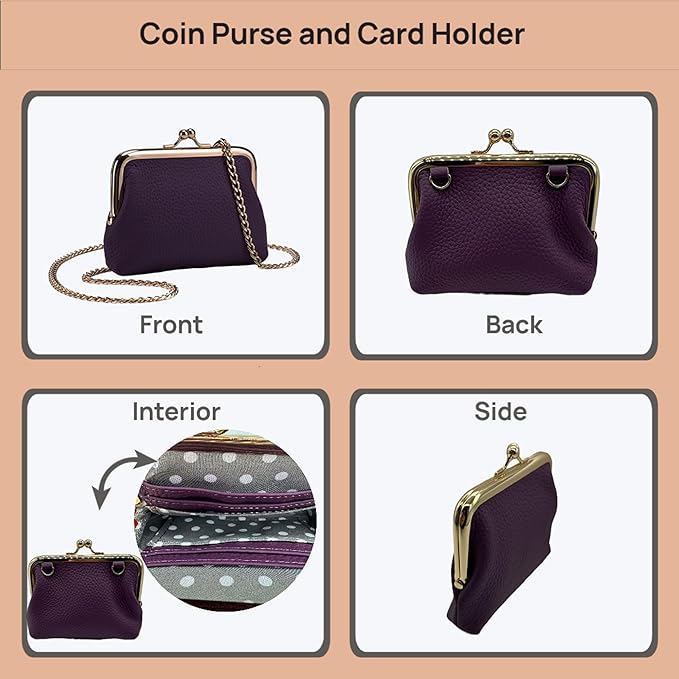 Cute Small Coin Purse & Credit Card Holder for Women Fashion Crossbody Chain Wallet Leather Coin Pouch Change Purse for Cash Key (Purple)