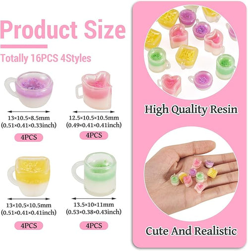 16Pcs Mini Resin Cups for Dollhouse Decor Milk Drink Cute Miniature Kitchen Set Fake Drinks for Playhouse Tableware Desktop Ornaments Mini Foods