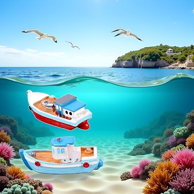 2 Pcs Colorful Miniature Dollhouse Boat Mini Fishing Boat Model Mediterranean Decor Resin Desktop Boat Ornament Ocean Beach Micro Landscape Decoration Dollhouse Accessories