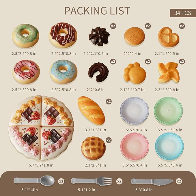 GILOBABY Toy Food for Toddlers, Pretend Play Toys for Toddlers with Dessert Cakes and Kitchen Accessories, Learning & Educational Tea Party Set for Girls 3 Year and Up, 34 Pcs