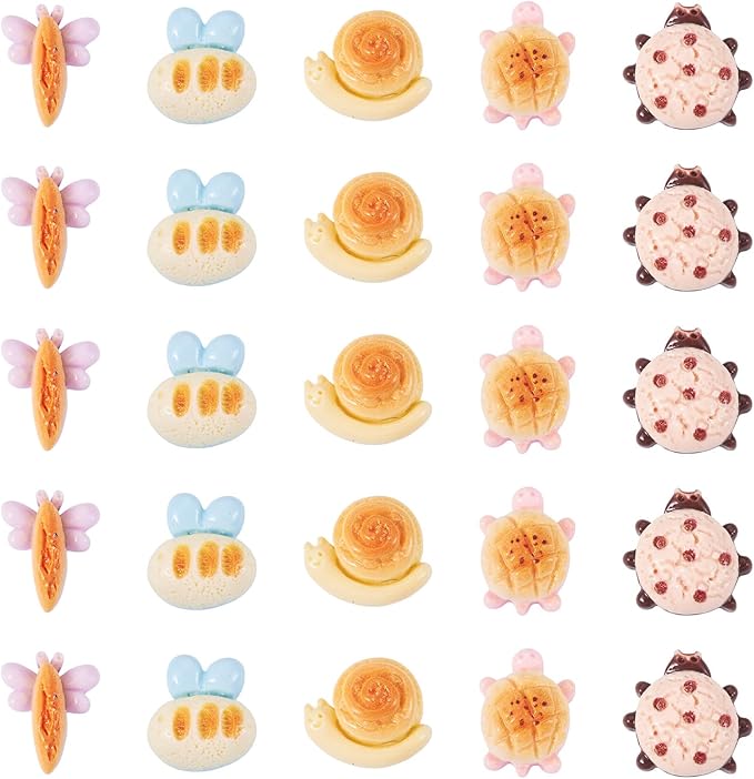 50Pcs Mini Resin Breads for Dollhouse Animal Shaped Food Cabochons Turtle Ladybug Snail Bee Dragonfly Mini Food Accessories for Micro Kitchen Garden Landscape Decoration