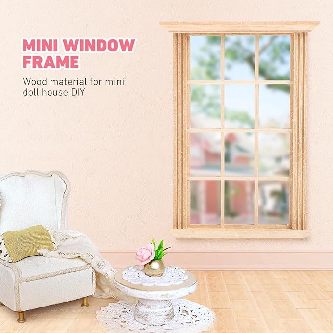 Angoily 1: 12 Scale Dollhouse Windows, 8 PCS Dollhouse Furniture Simulated Twelve Lattice Miniature Wooden Frame Photograph Props, Doll House Windows Model, DIY Bedroom