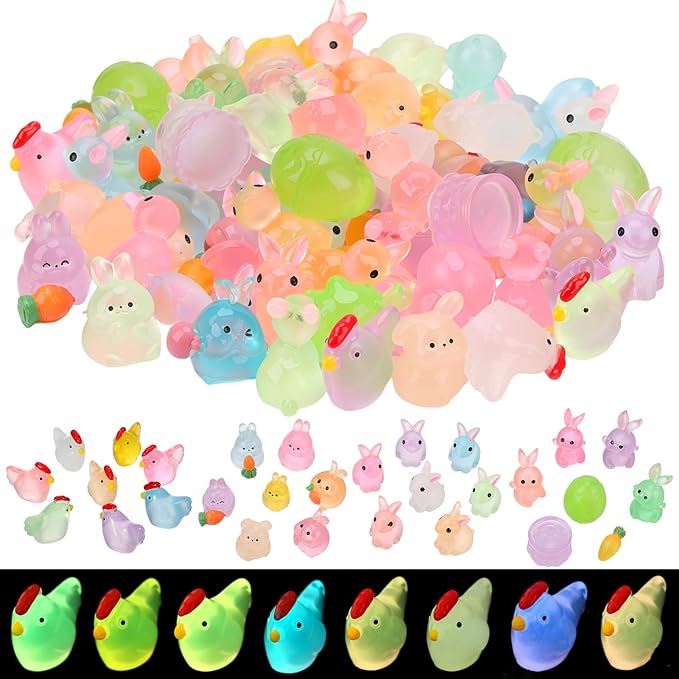 68Pcs Easter Mini Bunny Figurines Luminous Resin Animals Tiny Rabbit Chickens Figures to Hide Miniature Figurines for Egg Fillers Easter Decorations