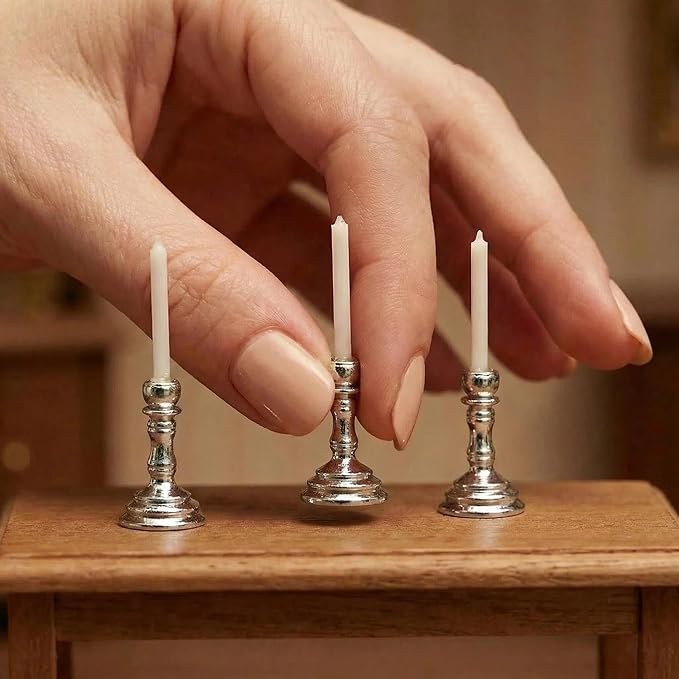 3PCS Vintage Miniature Candlesticks Set 1:12 Scale Metal Base Candle Holder for Miniature Room DIY Miniature Scene, or Desktop Display (Silver)