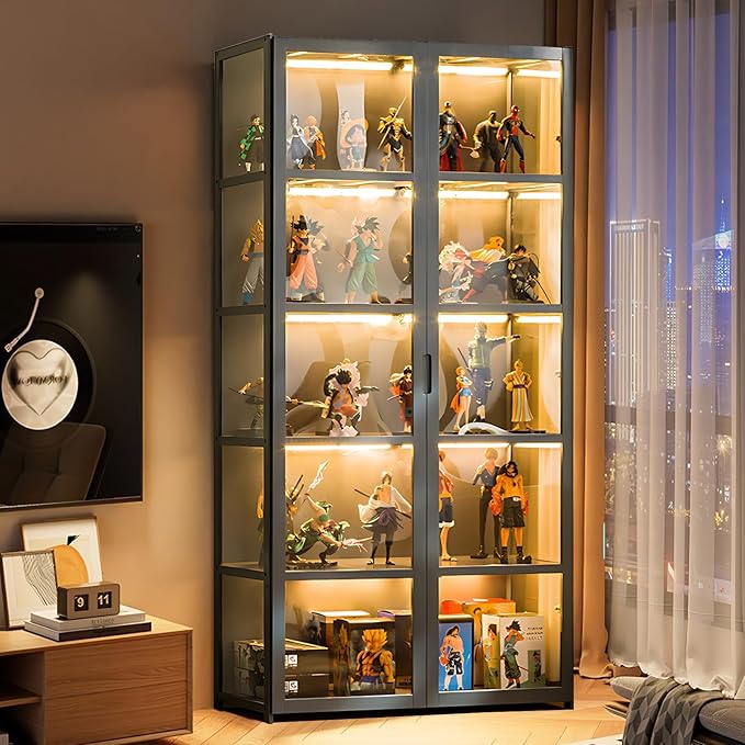 Display Cabinet with Acrylic Doors, 5-Tier Bamboo Curio Display Case for Figures - Display Shelves for Collectibles & Toy Display Cabinet for Home, Office, Playroom, Living Room