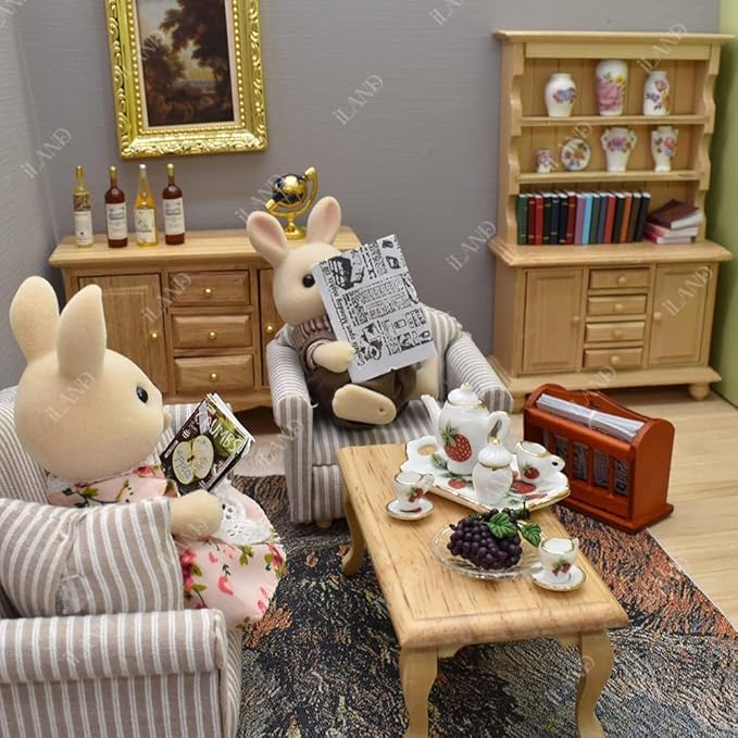 iLAND Miniature Dollhouse Accessories for Dollhouse Furniture, Mini Porcelain Vases and Decorative Plates w/a Desk Clock (Elegant Rose 11pcs)