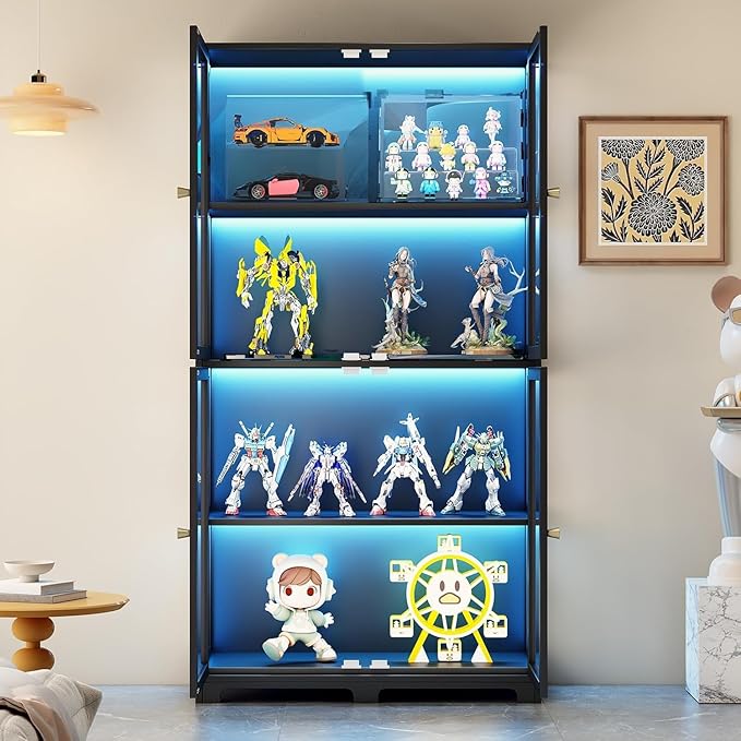 Display Cabinet with Acrylic Glass Doors, 4-Tier Bamboo Curio Display Case for Figures, Display Shelves for Collectibles & Toy Cabinet for Home, Office, Playroom, Living Room