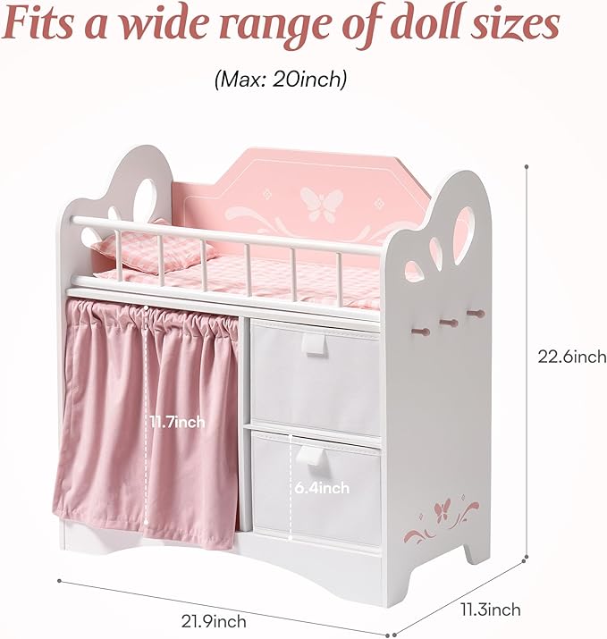 ROBUD Baby Doll Crib, Wooden Doll Bed with Storage and Bedding, of Toy Baby Crib to Kids, Pink Baby Doll Beds Suit for Dolls Under 22 Inches