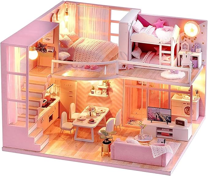 TuKIIE DIY Miniature Dollhouse Kit with Furniture, 1:24 Scale Creative Room Mini Wooden Christmas Doll House Accessories Plus Dust Proof & Music Movement for Kids Teens Adults(Dream Angels)