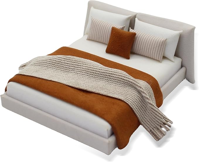 1/20 Dollhouse Bed with Doullhouse Bedding Miniature Queen Bed for Doll House Bedroom Furniture Accessories (Brown)