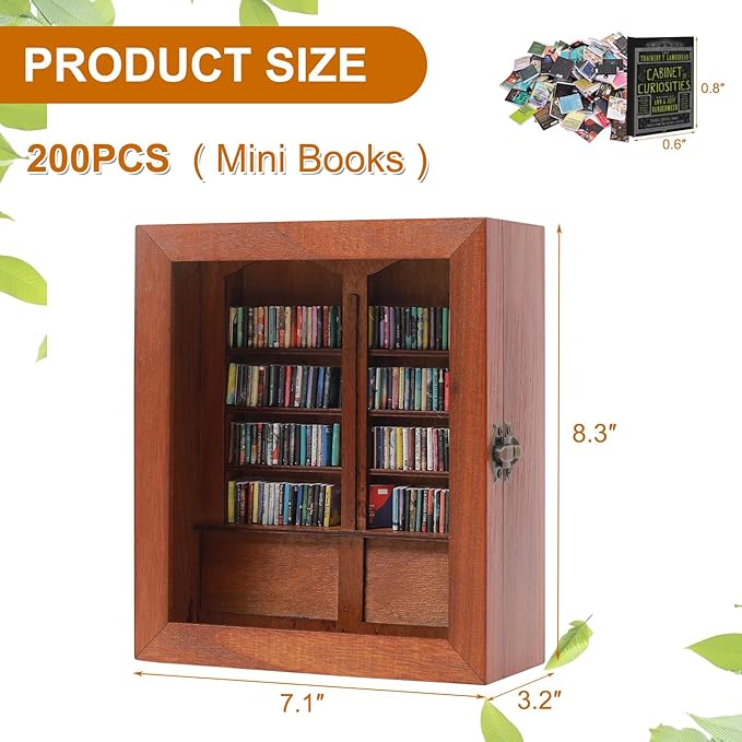 Anxiety Bookshelf with 200pcs Mini Books,Get rid of Your Anxiety Miniature Book Display Cabinet, Stress-Relief Bookshelf for Home Office Decor (Brown)