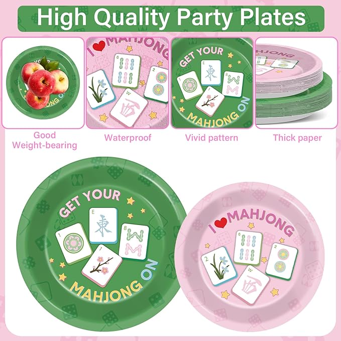 96pcs Mahjong Party Decorations Mahjong-Themed Paper Tableware Set Pink And Green Plates Napkins Forks Dinnerware for Home Special Events Game Night Party Supplies Birthday Serves 24 Guests