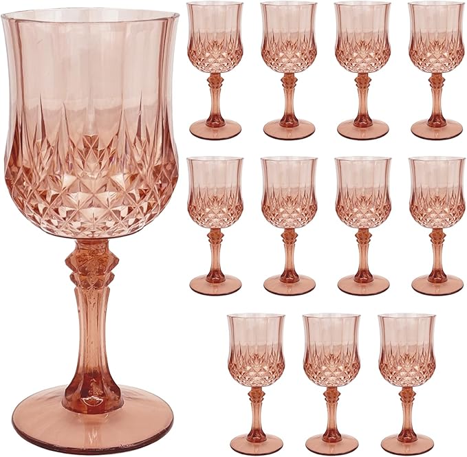 Veiuwa 12 PCS Rose Gold Plastic Wine Glasses，Cordial Glasses，Goblets，Can be Used for Weddings, Everyday Fun Parties and More!