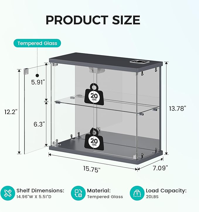 2pcs LED Clear Glass Display Case - for Figures & Collectibles, Small 2-Tier Display Cabinet with Charging Station, Display Box with Lights & Human Sensor, for Model Car, Perfume, Grey