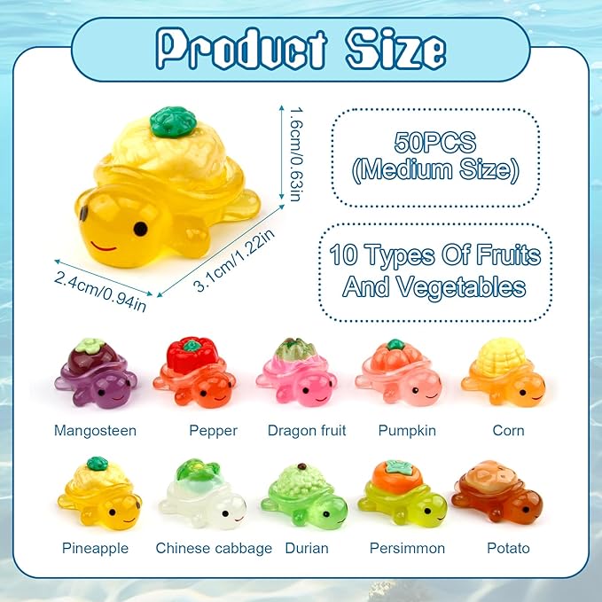 Mini Resin Turtle Figurines, Glow in The Dark Whimsical Fruit Vegetable Turtle Figures, Mini Plastic Sea Animals for Hide and Seek (50 Pcs Big)