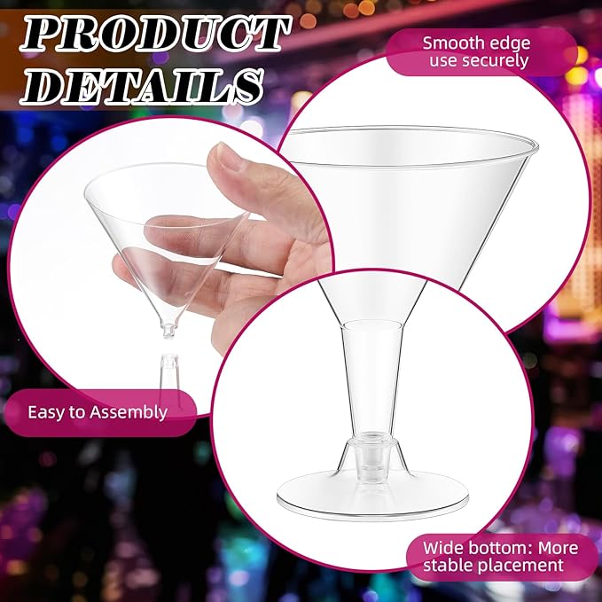 Yinkin 50 Pcs 7 oz Plastic Martini Glasses Disposable Clear Cocktail Dessert Parfait Glasses Unbreakable Mini Martini Cups for Wedding Party Bowl Wine Ice Cream (Stem)