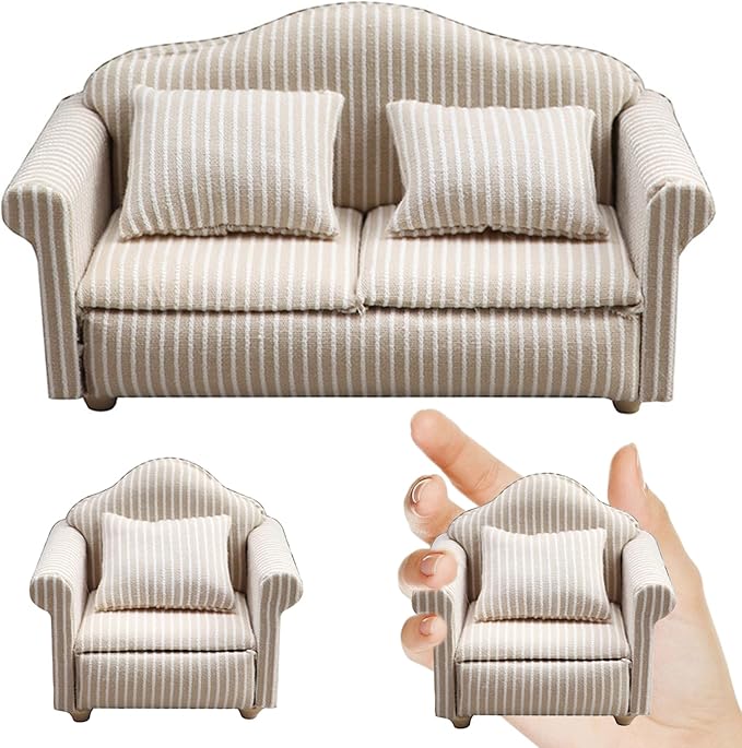 1/12 Dollhouse Couch - Miniature Double & Single Sofa with Pillow, Upholstered Armchair for Living Room or Bedroom Furniture Accessories (1 Set)