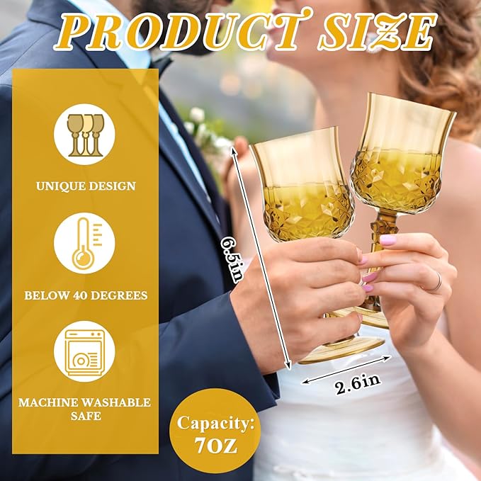 Pinkunn 6 Pcs 7 oz Plastic Vintage Wine Glasses Reusable Colored Goblets Patterned Drinking Water Glasses Cup Dishwasher Safe for Valentine's Day Wedding Reception Party Supplies (Gold)