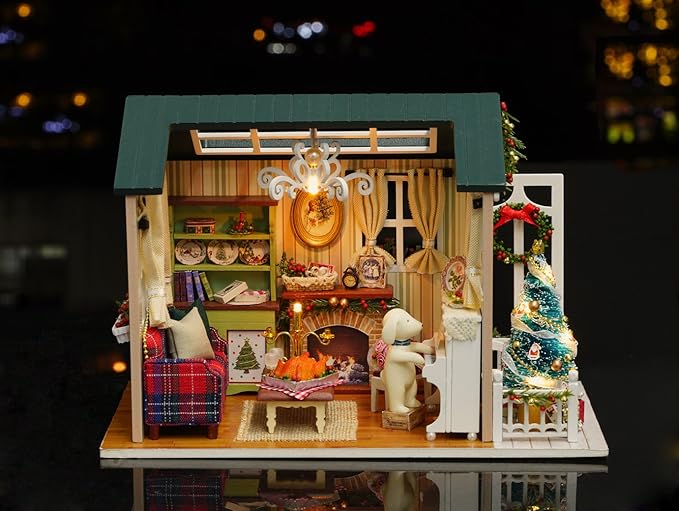 Christmas DIY Miniature Dollhouse Kits - Wooden Mini Model House with LED Lights, Tiny Furniture & Accessories – Craft Building Kits for Adults – Birthday Valentine's Gift - Holiday Times