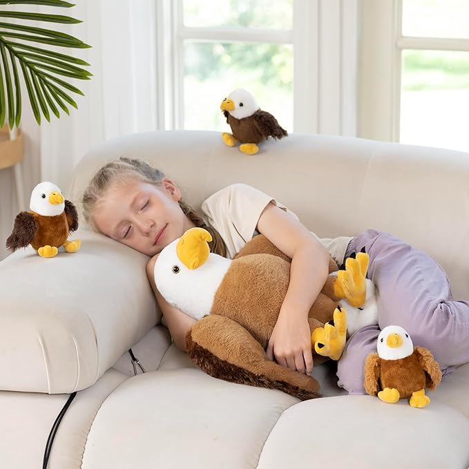 6Pcs Bald Eagle Plush Toy, Mother Eagle Stuffed Animal with 3 Baby Eagles & 2 Eggs, 16" Cute Soft Stuffed Hawk Plushie for Girls Boys Kids, Christmas Birthday Gift for Bird Lovers