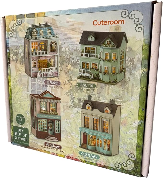 DIY Miniature House Kit, CUTEROOM Wooden Dollhouse Kit Mini House Making Kit with Furnitures, DIY Dollhouse Kit Birthday Gift for Women (Gift Shop)