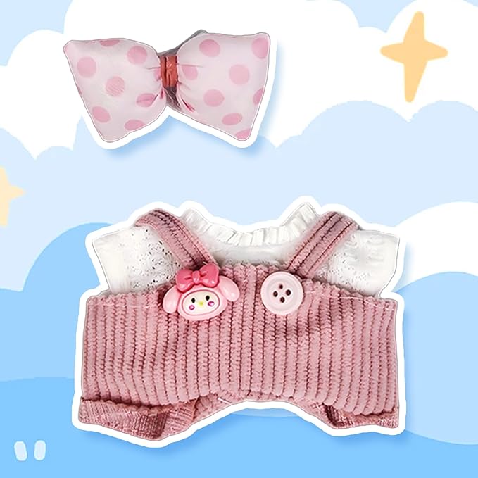 17cm Doll Clothes(NO Doll), Cute Dolls Outfit Accessories with Hair Clip + Top + Suspenders Pants, Small Kawaii Clothes Set for Dolls(Style 8)