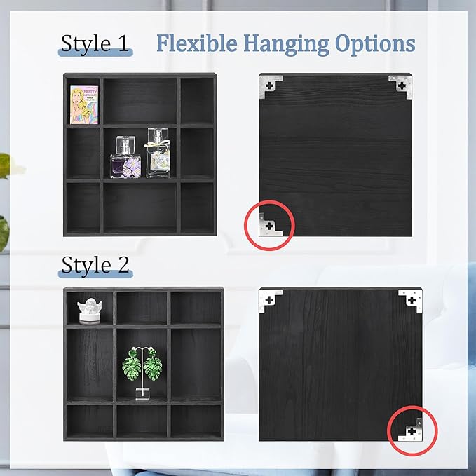 Ikee Design 3 Pcs Set Wooden Shadow Cubby Box Display Shelf Organizer Storage Shadow Box for Collectibles, Mini Figures, 17 compartments, Black Color, 22.8W x 2.4D x 15.7H in