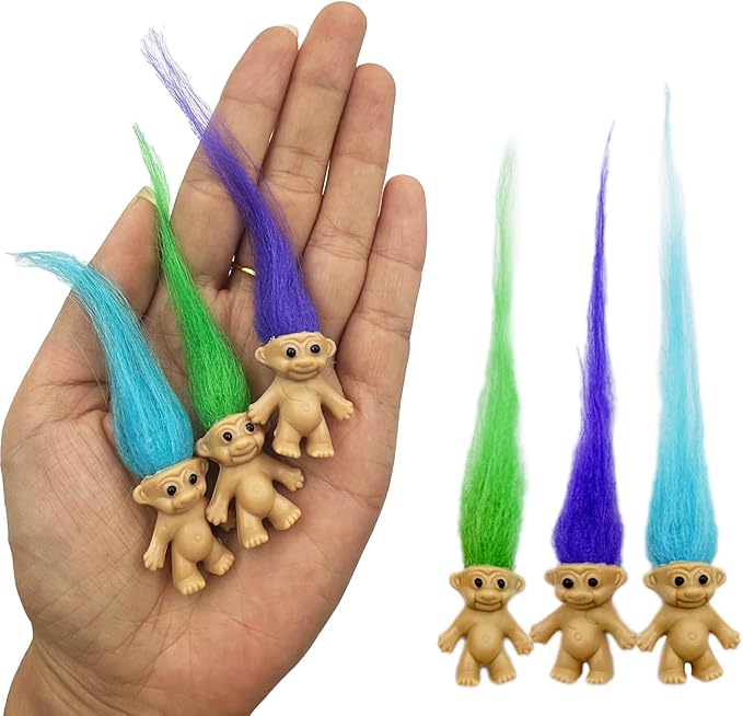 12pcs Long-haired Mini Troll Dolls, Assorted Hair Colors, 0.78" Bodies, 2" Hair. Cake Toppers, Action Figures, School Project, Arts and Crafts, Party Favors