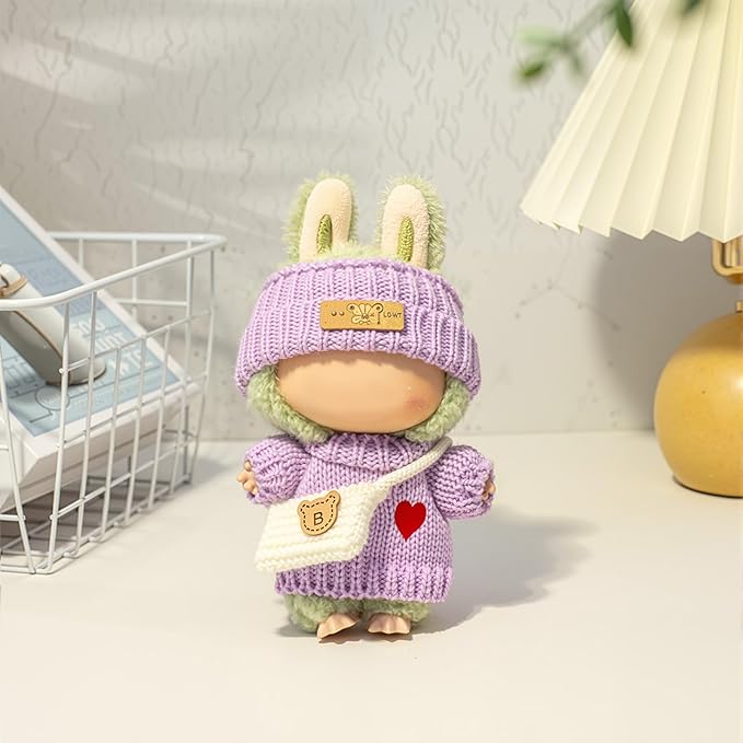 Clothes for LABUBU Doll (NO Doll), Handcrafted Crochet 3-Piece Accessories for LABUBU 17cm Dolls, Premium Outfit - Heart Sweater + Hat + Bag, Cute Clothes for Dress up Unique Style (Purple)