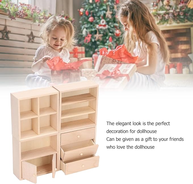 4 Pcs 1/12 Doll House Cabinet Set Simple Design Practical Lifelike Miniature Wooden Dollhouse Furniture Cabinet