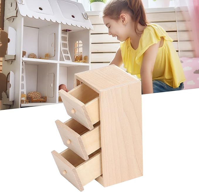 Mini Dollhouse Drawers, 1:12 Miniature Drawer Cabinet, 3 Layer Drawers Birch Wood Storage Cabinet Model, Wooden Doll House Furniture Decor Accessories for Bedroom, Living Room