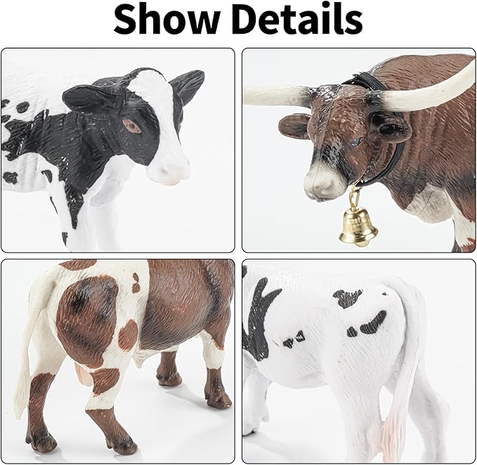 4PCS Cows Bulls Longhorn Farm Animal Figurines Toys for Kids, Plastic Cow Farm Animals Figures for Boys Girls Include White Holstein & Texas Longhorn and 2 Calfs, Cake Toppers Party Favors