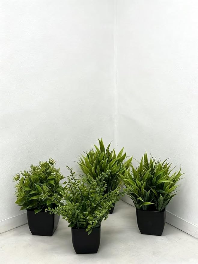Kemaiyi 4 Pack Small Artificial Plants in Pots, Faux Mini Potted Fake Greenery Assortment for Home Office Desk Decor, Realistic Lifelike Plastic Foliage Indoor Outdoor Decoration