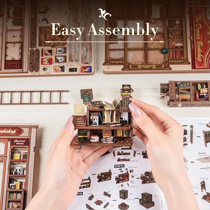 Fsolis Book Nook Kit, DIY Bookshelf Miniature Bookshelf Kit for Adults Tiny House 3D Puzzle Booknook Adult Craft Gifts for Women Teenagers Book Lovers (The Drama Bookshop)