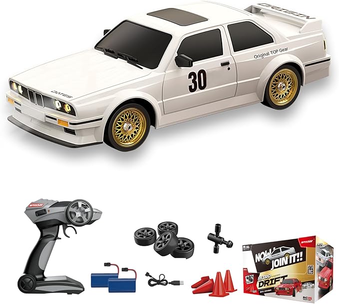1:16 Scale RC Drift Car, 30KM/H 4WD 2.4GHz Remote Control Cars with LED Light, Racing and 4 Drifting Wheels, 3 Rechargeable Batteries, Perfect Toy Gift for Teen Adults White