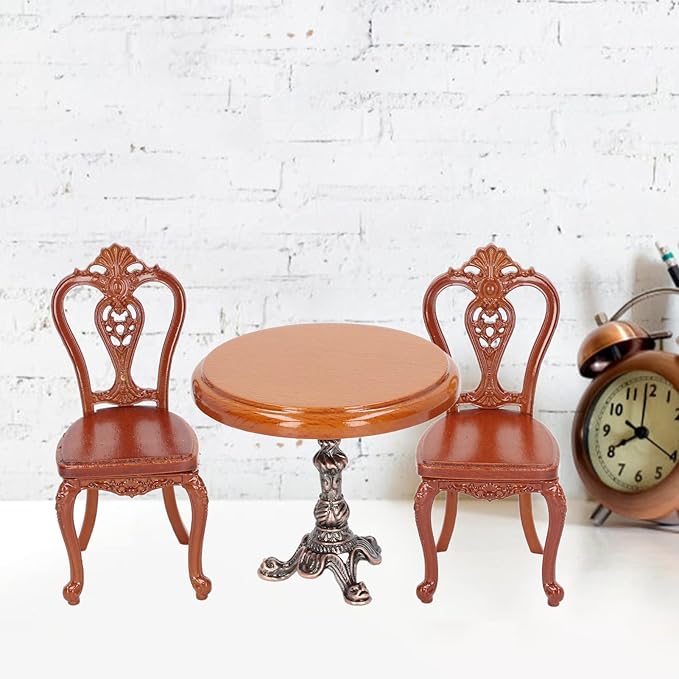 Dollhouse Dining Table Chair Set, Birch Alloy Doll House Furniture Accessories Exquisite Carving Nostalgic for DIY